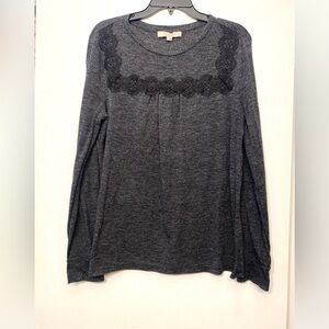 LOFT Women’s Gray and Black Lace Embellished‎ Long Sleeve Top Medium